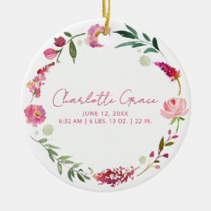 Geboortestatistieken Baby Foto Roze Waterverf Flor Keramisch Ornament