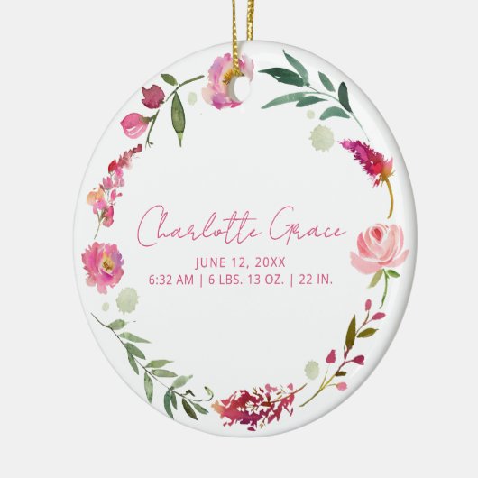 Geboortestatistieken Baby Foto Roze Waterverf Flor Keramisch Ornament (Links)