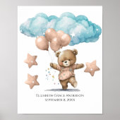 Geboortestatistieken Roze Babybeer Wolken Kinderka Poster (Voorkant)