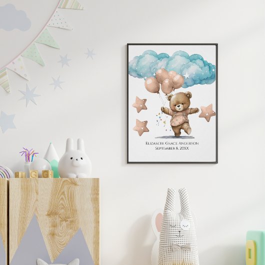 Geboortestatistieken Roze Babybeer Wolken Kinderka Poster