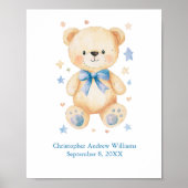 Geboortestatistieken Teddy Bear Blue Bow Baby Boy  Poster (Voorkant)