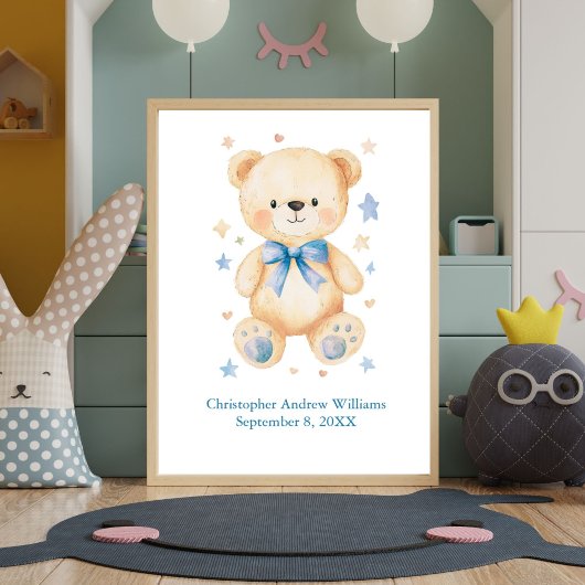 Geboortestatistieken Teddy Bear Blue Bow Baby Boy  Poster
