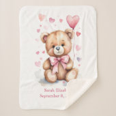 Geboortestatistieken Teddy Bear Pink Bow Hearts Ba Sherpa Deken (Voorkant)