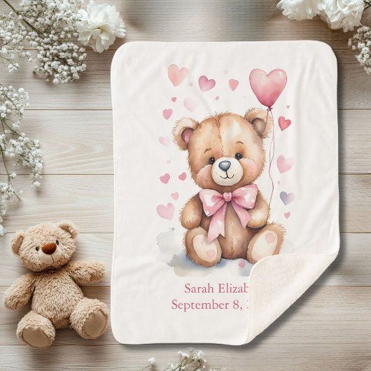 Geboortestatistieken Teddy Bear Pink Bow Hearts Ba Sherpa Deken