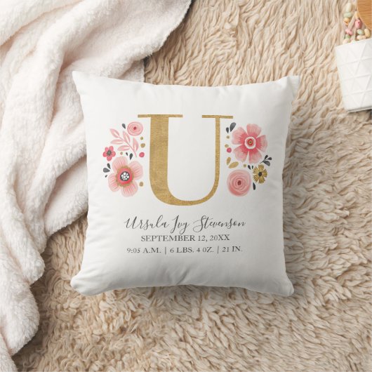 Geboortestatus Letter U Roze Bloemen Monogram Init Kussen (Deken)