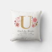 Geboortestatus Letter U Roze Bloemen Monogram Init Kussen (Voorkant)