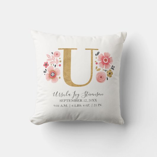 Geboortestatus Letter U Roze Bloemen Monogram Init Kussen (Voorkant)