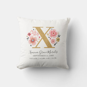 Geboortestatus Letter X Roze Bloemen Monogram Init Kussen