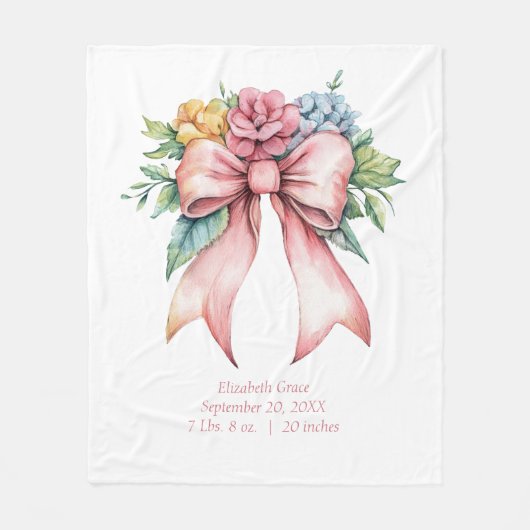 Geboortestatus Roze strik Waterverf Bloemen Baby Fleece Deken (Voorkant)
