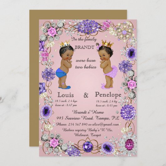 geboortetwijn baby aankondiging, roze, kleurrijk aankondiging (Voorkant / Achterkant)