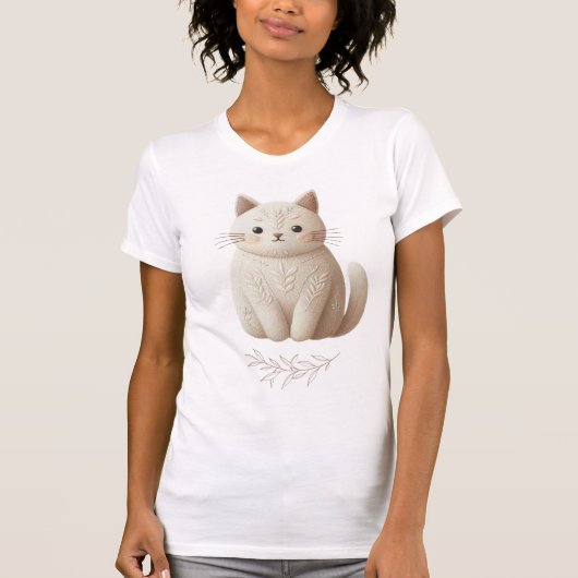 Geborduurd beige Kat met gestikte bladdetails T-shirt (Voorkant)