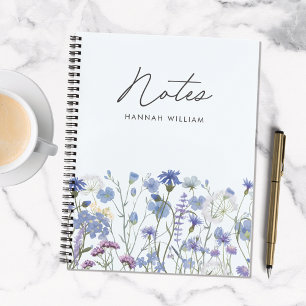 Geborduurd Blauw Aquarel Bloemenweide Notitieboek
