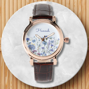 Geborduurd Blauw Aquarel Bloemenweiland Horloge