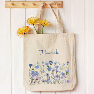 Geborduurd Blauw Aquarel Bloemenweiland Tote Bag