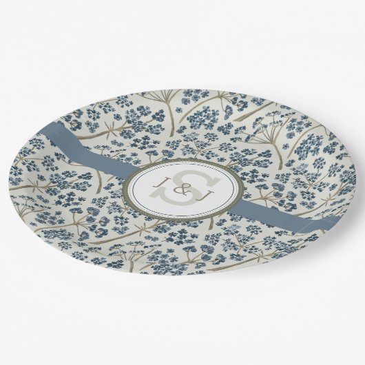 Geborduurd Blauw Bloemenschilderwerk Papieren Bordje (Gekanteld)