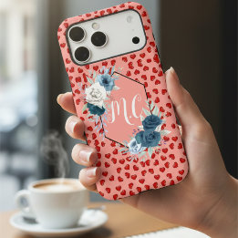 Geborduurd Blauw Bloemmotief & Rode Hartjes Liefde