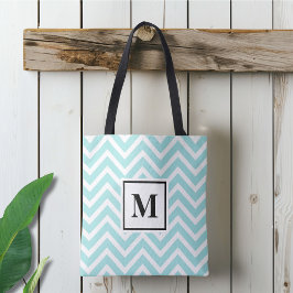 Geborduurd Blauw en Wit Chevronpatroon Tote Bag