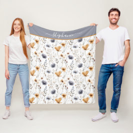 Geborduurd Blauw Grijs Beige Wit Boho Bloemmotief  Fleece Deken