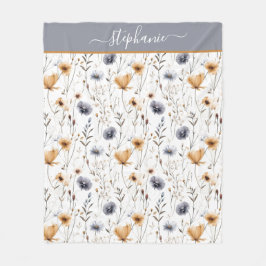 Geborduurd Blauw Grijs Beige Wit Boho Bloemmotief  Fleece Deken