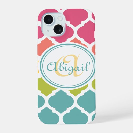 Geborduurd Blauw Roze Marokkaans Rasterpatroon iPhone 15 Hoesje (Achterkant)