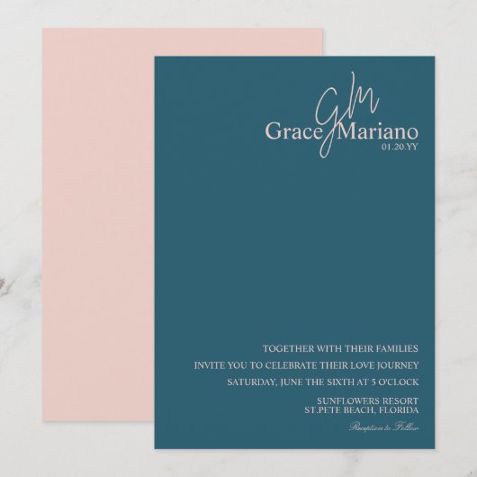 Geborduurd Blauw Roze Script Logo Trouw Kaart (Voorkant / Achterkant)