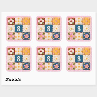 Geborduurd Bloem Lapjesdeken Monogram Vierkante Sticker