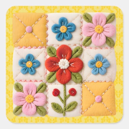 Geborduurd Bloem Patchwork Dekbed Vierkante Sticker (Voorkant)