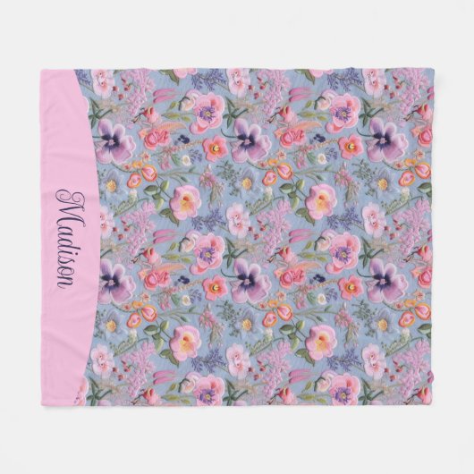 Geborduurd bloemennaadloos patroon fleece deken (Voorkant (Horizontaal))