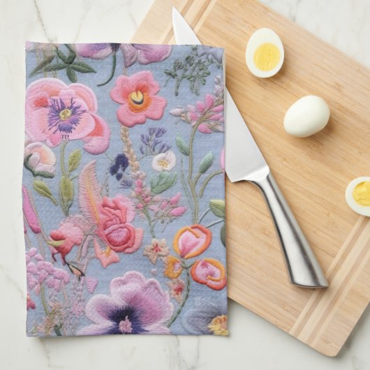 Geborduurd bloemennaadloos patroon theedoek (Quarter Fold)