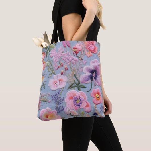 Geborduurd bloemennaadloos patroon tote bag (Dichtbij)