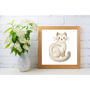 Geborduurd Boho Kat Poster Neutraal Minimalistisch
