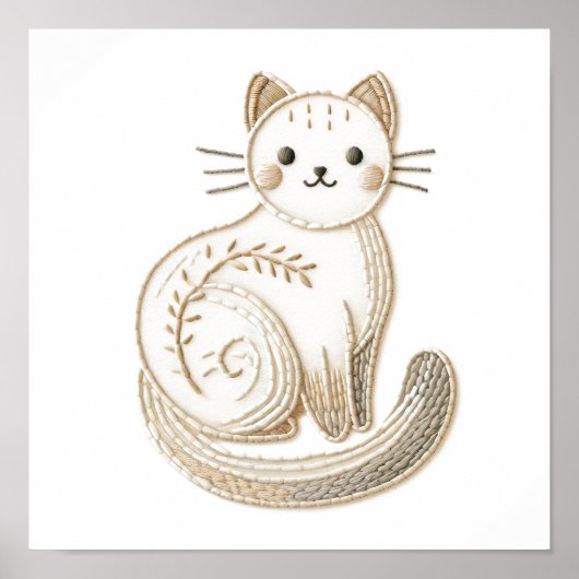 Geborduurd Boho Kat Poster Neutraal Minimalistisch (Voorkant)