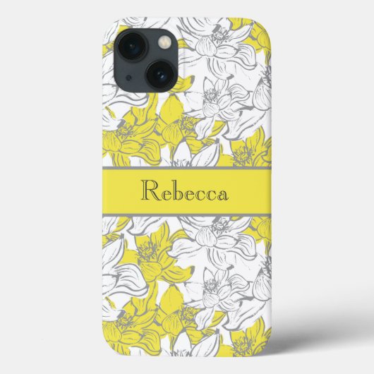 Geborduurd Geel en Grijs Bloemmotief Case-Mate iPhone Case (Achterkant)