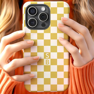 Geborduurd goud en wit schaakbordpatroon iPhone 15 case