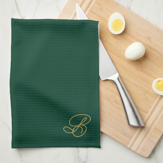 Geborduurd groen & gouden initiaalmonogram theedoek (Quarter Fold)