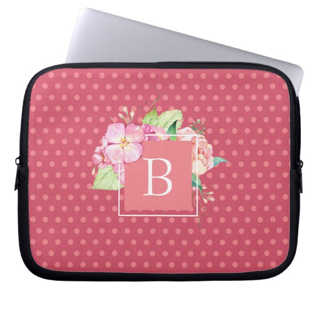 Geborduurd Initiaal Roze Stippen & Roze Koraal Blo Laptop Sleeve (Voorkant)
