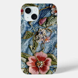 Geborduurd juweel bloemendenim textuur iPhone 15 case