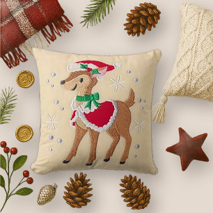 Geborduurd kerstrendier met kerstmuts kussen