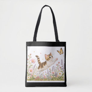 Geborduurd Kitten dat Vlinder najaagt in Bloemenwe Tote Bag