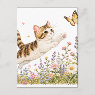 Geborduurd Kitten dat Vlinder najaagt in Wilde Blo Briefkaart