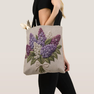 Geborduurd lila boeket – namaakborduurwerk linnen tote bag