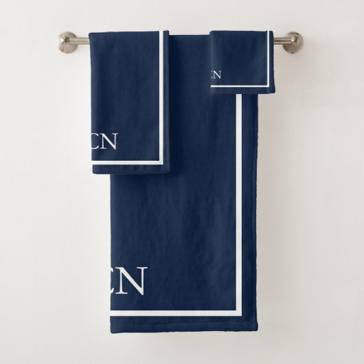 Geborduurd Navy Blauw Wit Rand Klassiek Bad Handdoek (Insitu)