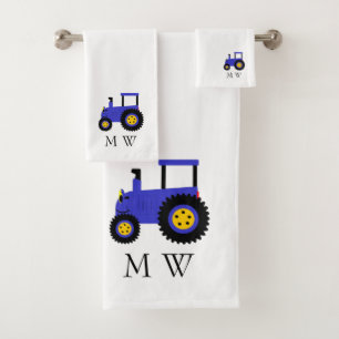 Geborduurd Ontwerp Blauwe Tractor Bad Handdoek