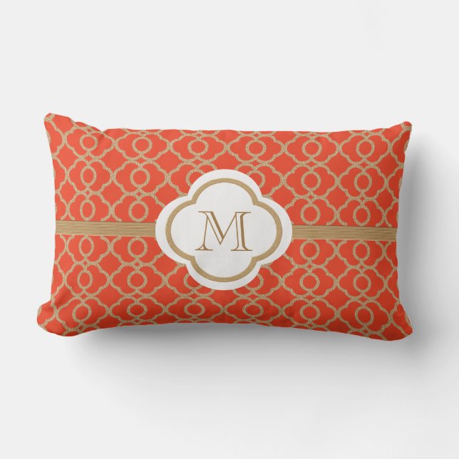 Geborduurd Oranje en Goud Marokkaans Kussen (Voorkant)