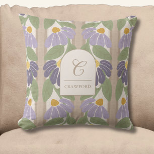 Geborduurd paars & beige bloemenstreep kussen