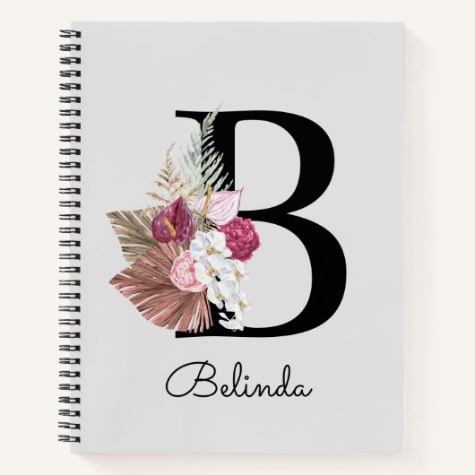 Geborduurd Roze Boho Bloemstuk Initiaal B Notitieboek (Voorkant)
