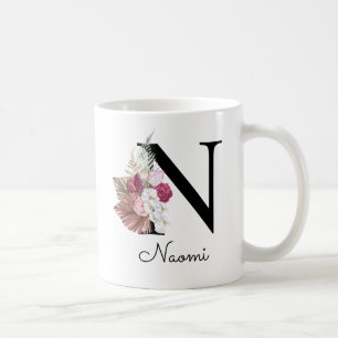 Geborduurd Roze Boho Meisjesachtig Bloemend Initia Koffiemok