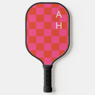 Geborduurd roze en oranje schaakbordpatroon pickleball paddle