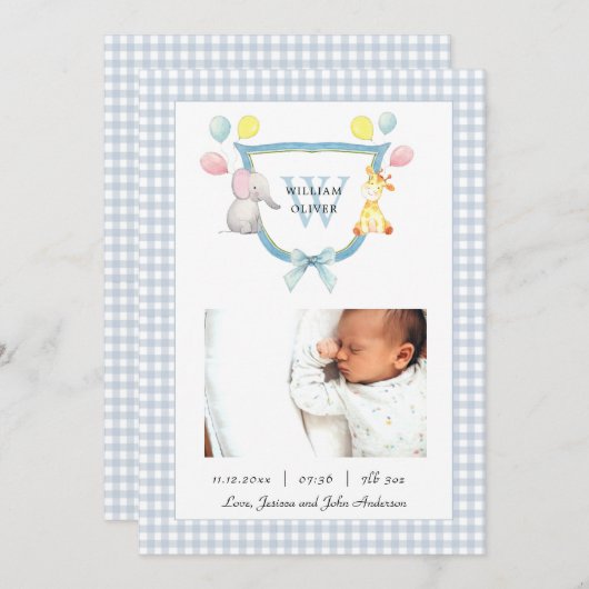 Geborduurd wapen met waterverf dier geboorte aankondiging (Voorkant / Achterkant)