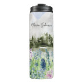Geborduurd waterverf blauw paarse bloem wei thermosbeker (Voorkant)